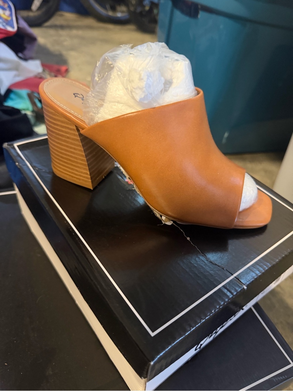 Qupid Tan Open-Toe Block Heel Mule